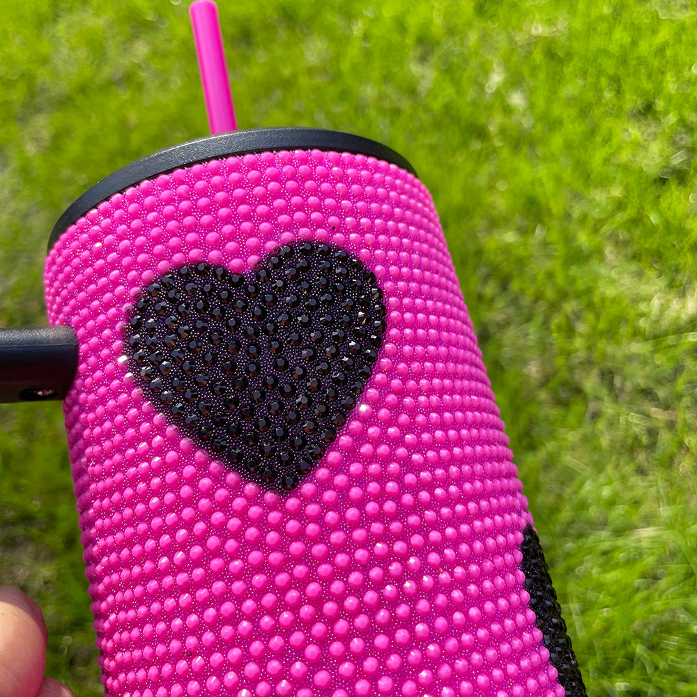 sweat heart printed rhinestone 40oz bling tumbler with handle,lid and straw_miki