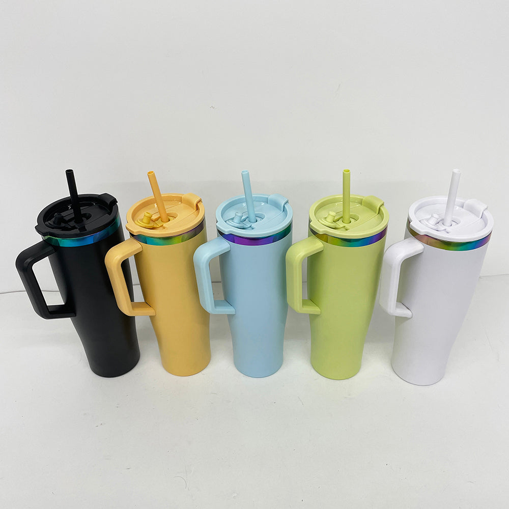 Powder Coated Curved 40oz Rainbow Plated Quencher Tumbler with Handle and Leak Proof Lid For Laser Engraving _miki