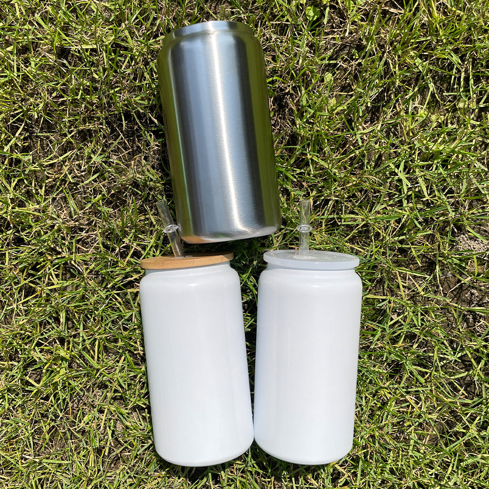 sublimation white 16oz vacuum insulated stainless steel can with bamboo lid and plastic lid_miki