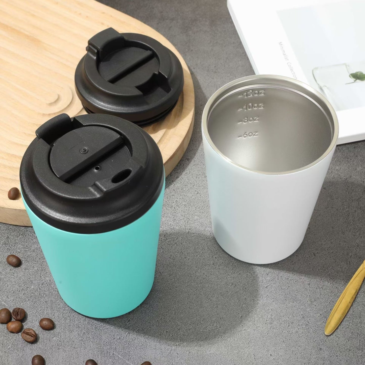 powder coated 8oz 12oz double walled vacuum insulated coffee mugs with Spill Proof lid _miki