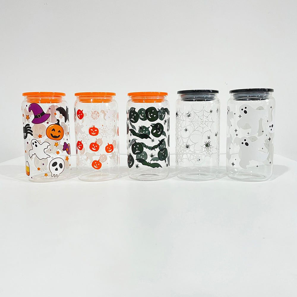 USA RTS_ 3D touch UV printing Halloween designed 16oz clear glass can with pp lid and straw_miki