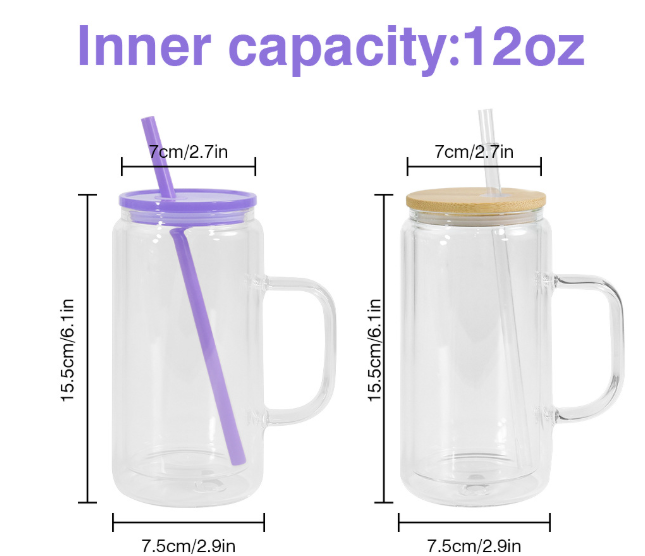 Sublimation 16oz Double Walled Snow Globe Glass Mugs Pre-Drilled with Handle and Colored Lids for UV DTF and DIY Glitter_ miki