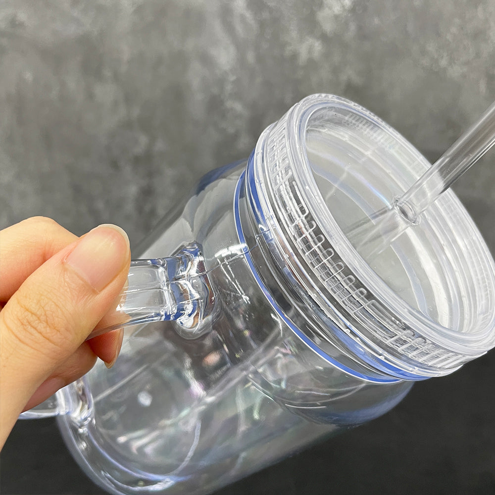 Acrylic Plastic 20oz Double Wall Snow Globe Mason Jar with Handle, Lid and Straw for DIY Glitter and Vinyl_ miki