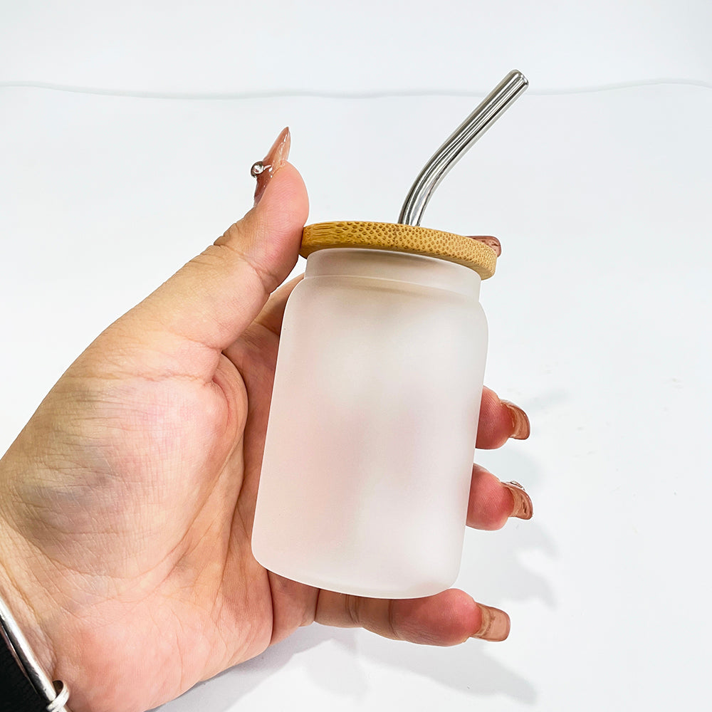 sublimation 3.5 OZ shot glass can with bamboo lid and metal straw_miki