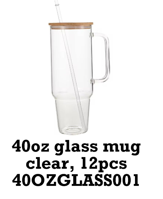 USA RTS_ 32oz 40oz Clear Frosted Glass Mug With Handle,bamboo lid and plastic straw_miki