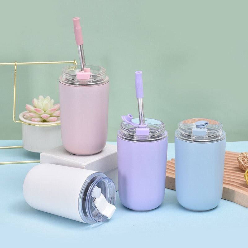 Cute 280ml stainless steel insulated cup coffee milk mug with lid and straw_miki