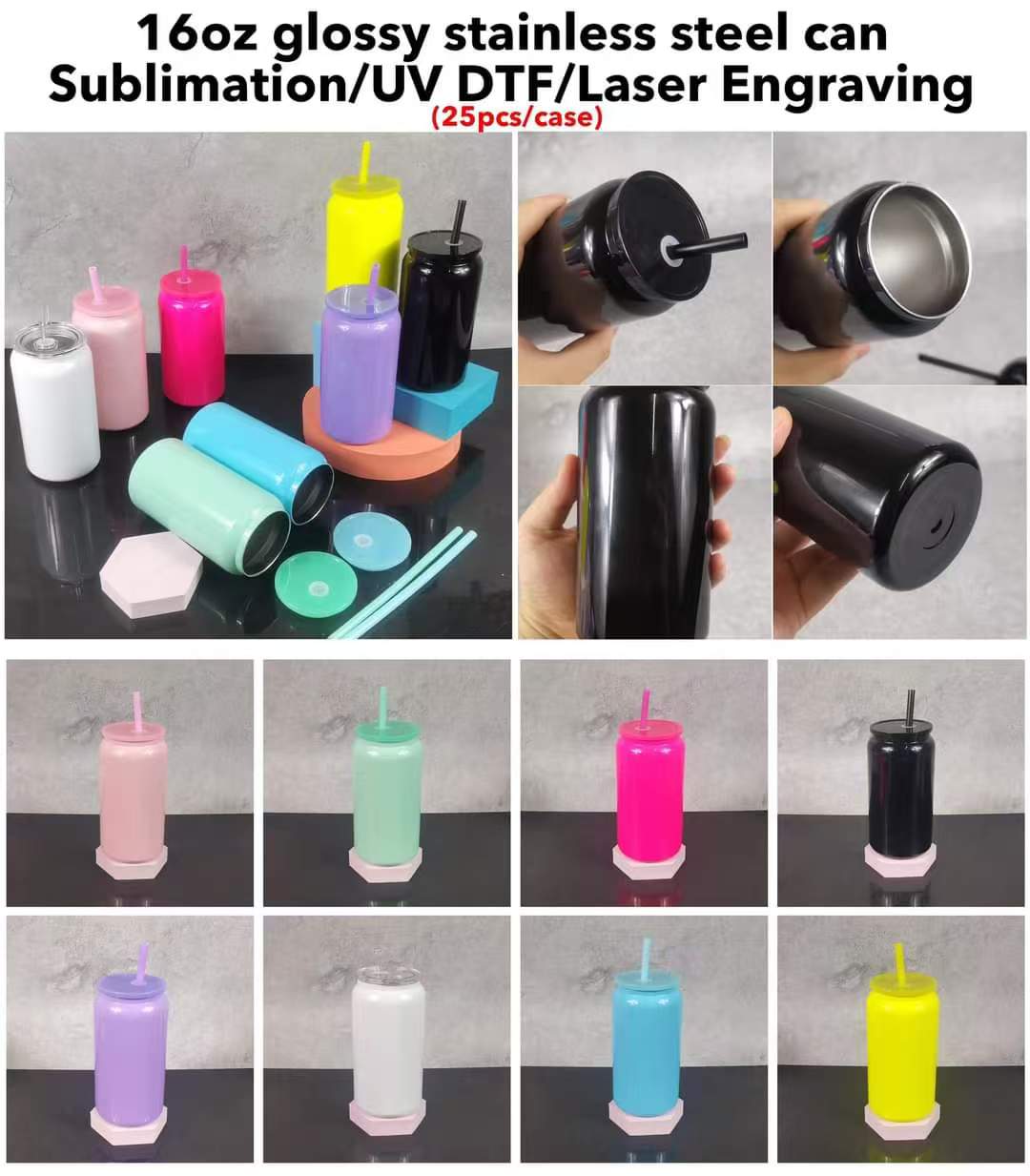 16oz glossy sublimation stainless steel can with colored lid and straw for laser engraving/UV DTF_miki