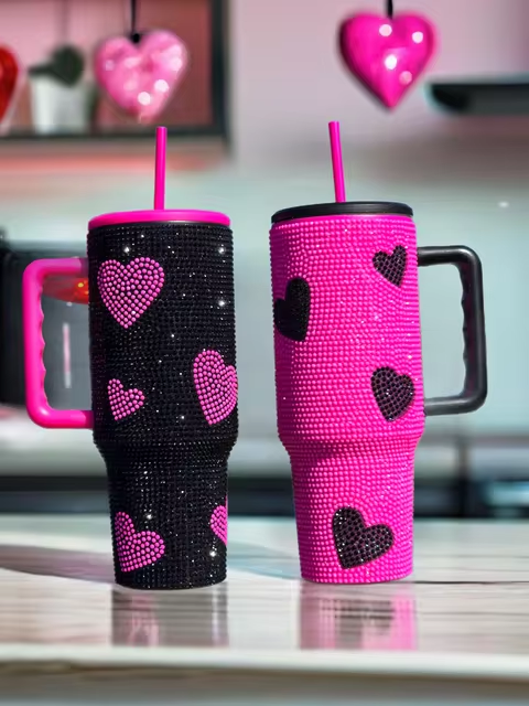 sweat heart printed rhinestone 40oz bling tumbler with handle,lid and straw_miki