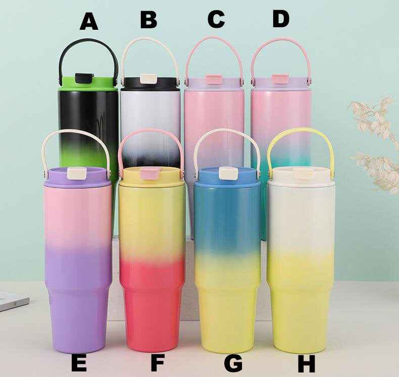 Starbucks Style 30oz Ombre Colored Vacuum Insulated Water Bottles with Flip Straw and Top Handle_ miki