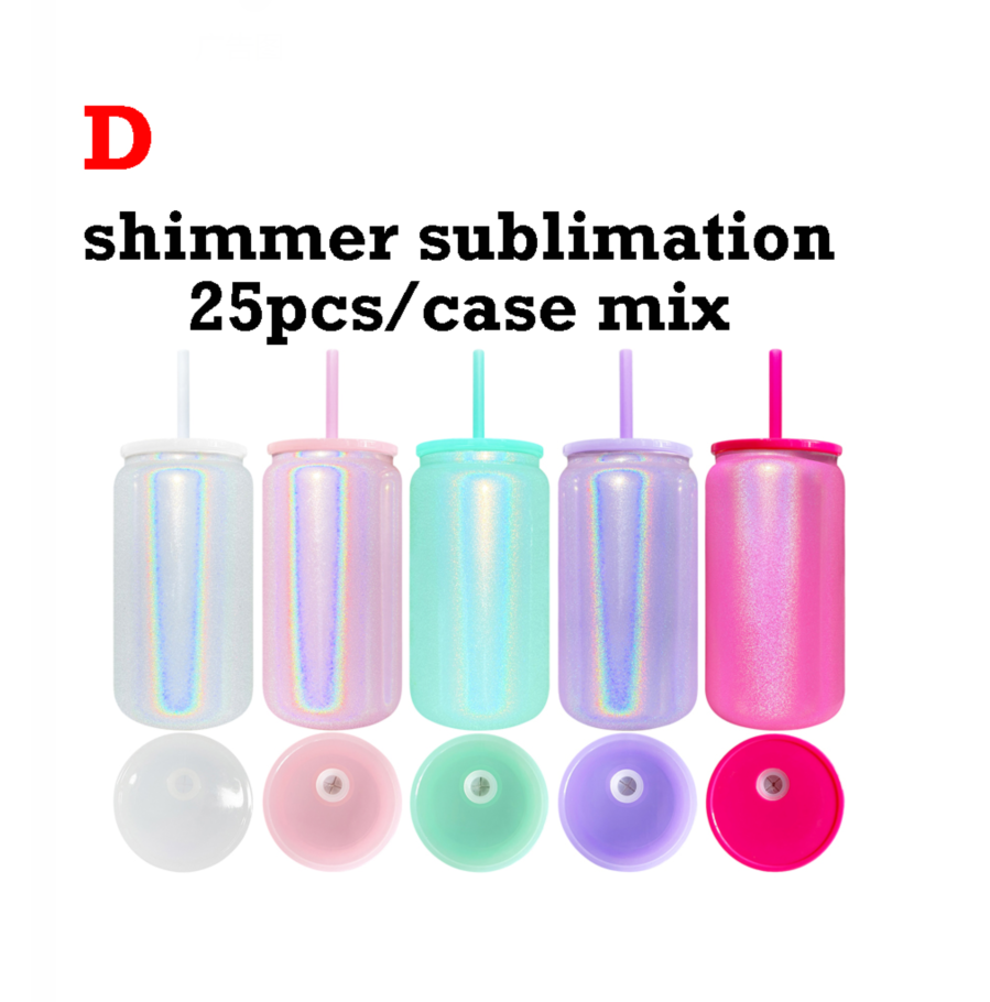 Sublimation Shimmer Glitter 16oz Vacuum Insulated Stainless Steel Can with Colored PP Lid and Straw_ miki