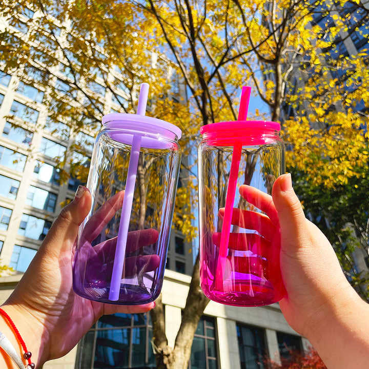 USA RTS_ ombré jelly 16oz acrylic plastic can with colored lid and straw_ miki