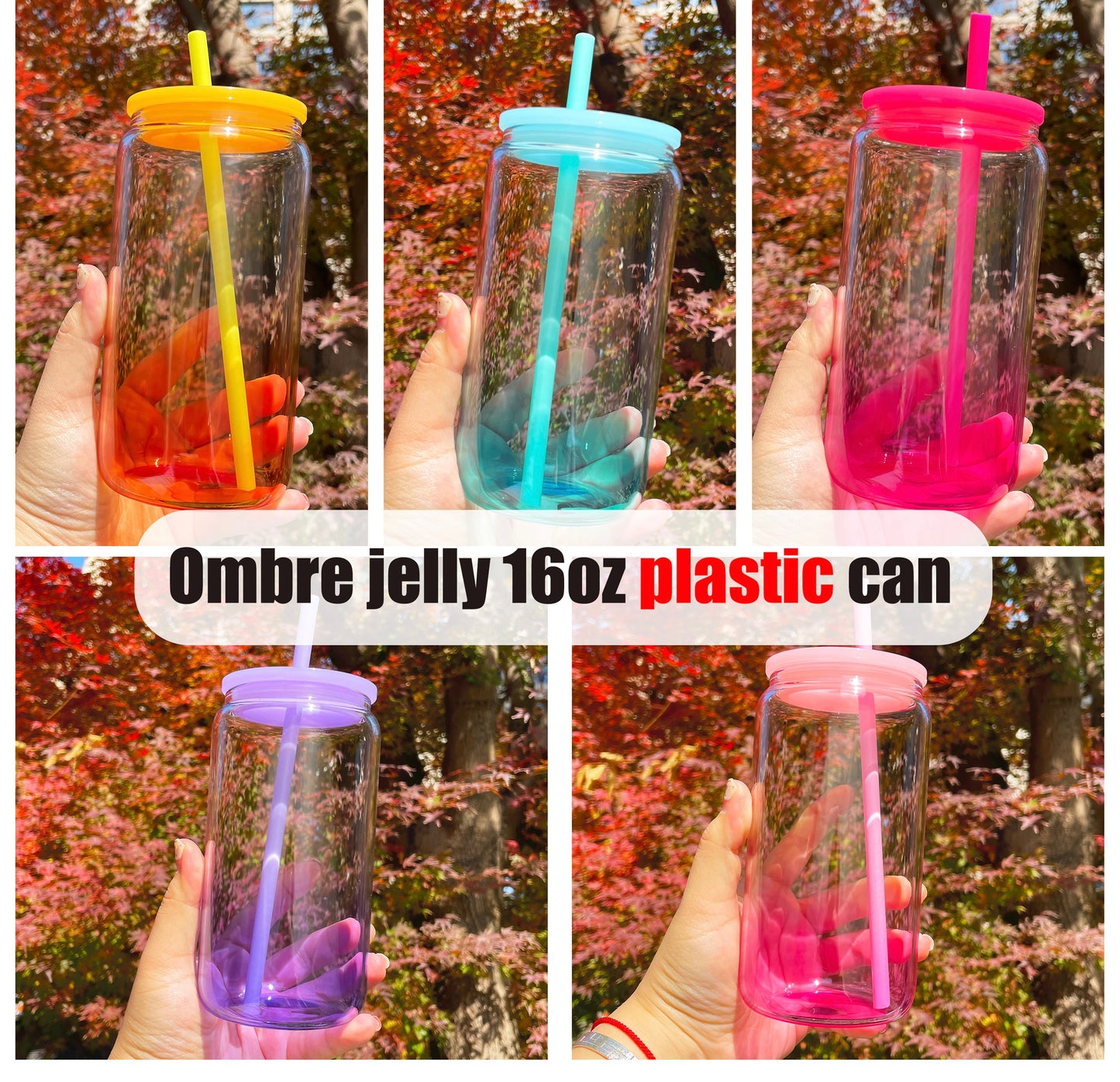 USA RTS_ ombré jelly 16oz acrylic plastic can with colored lid and straw_ miki