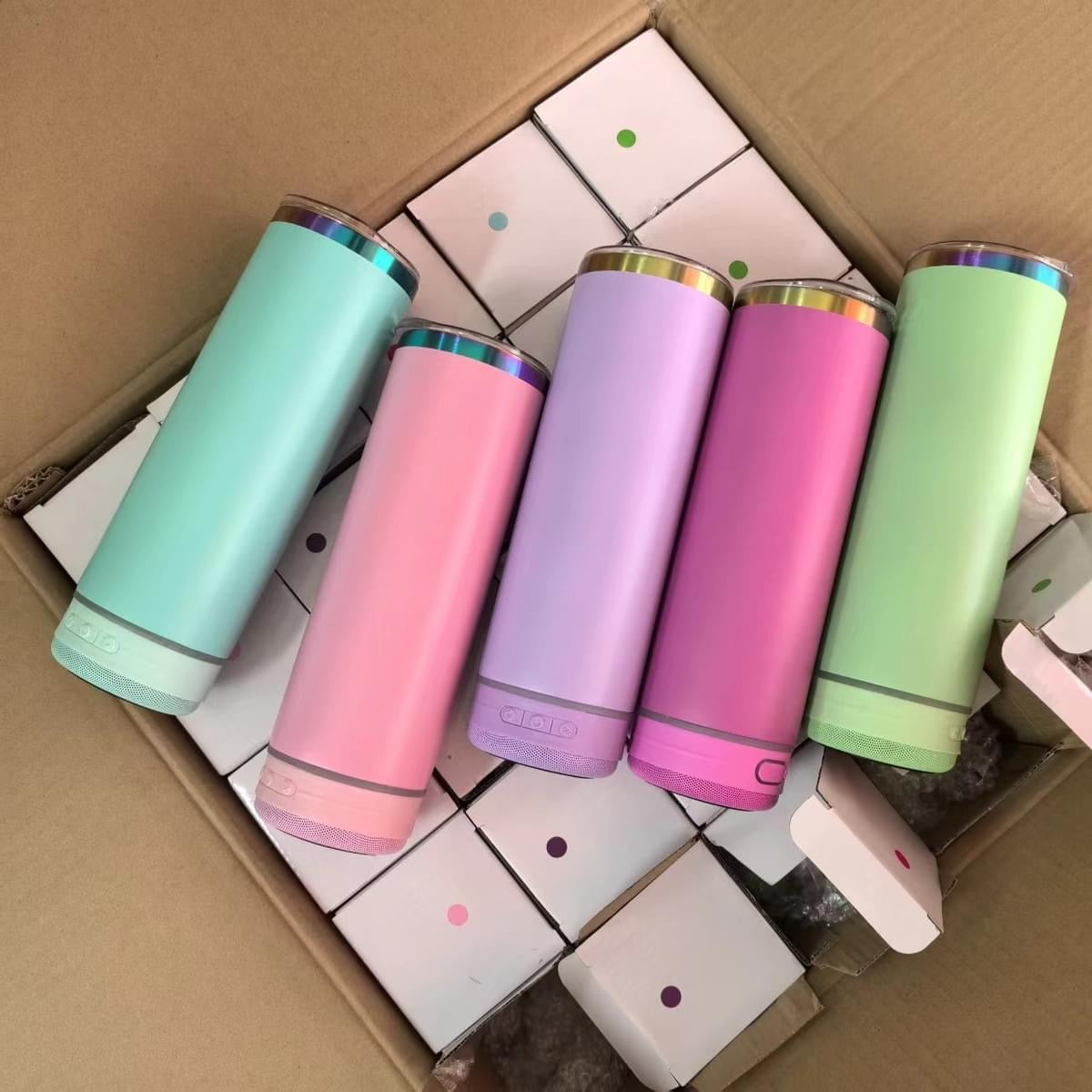 USA RTS_ macaron color rainbow underneath 20oz Bluetooth speaker tumbler for engraving_miki