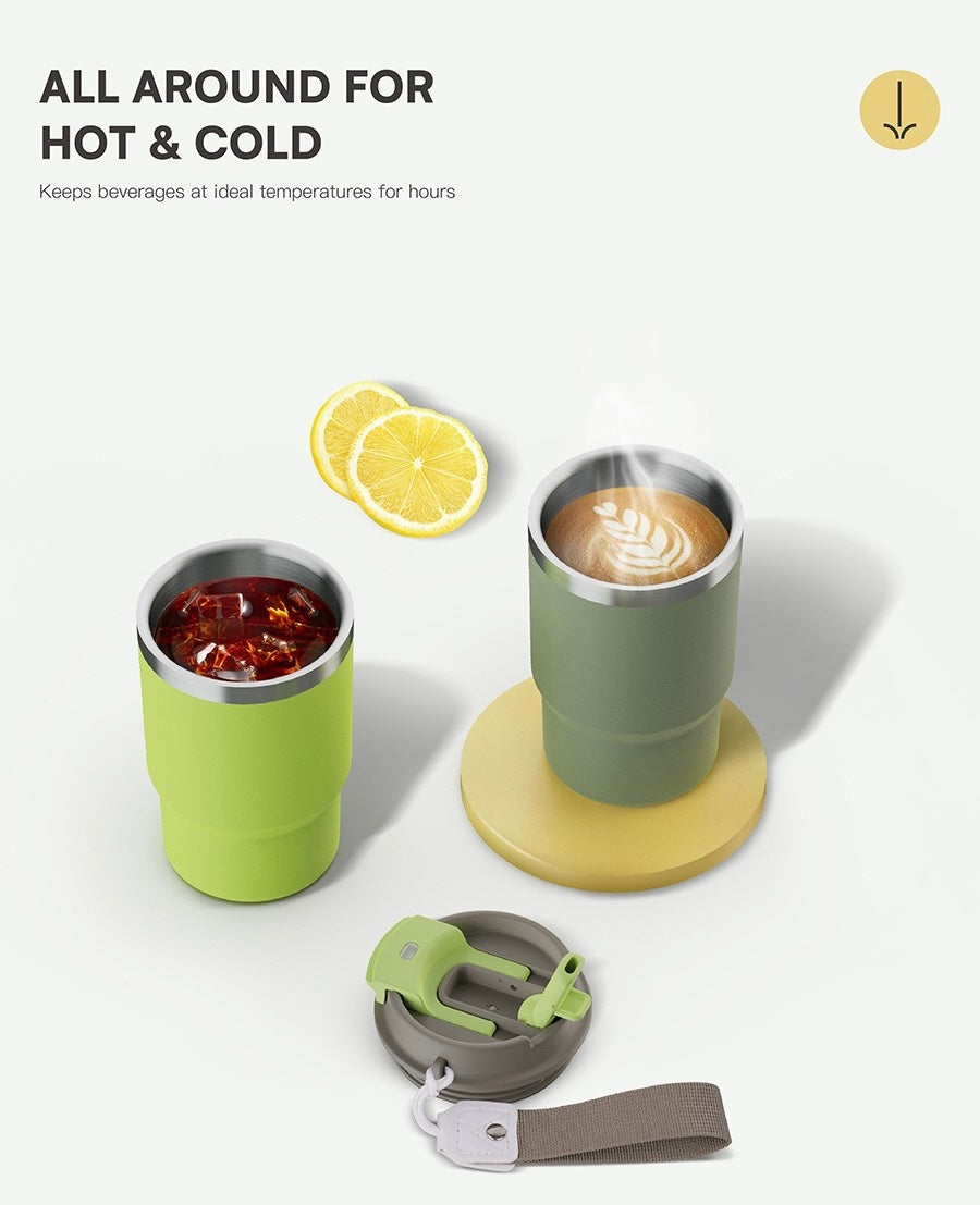 2-in-1 Lid 16oz Coffee Mug Double Wall Stainless Steel Vacuum Travel Mug with Strap_miki