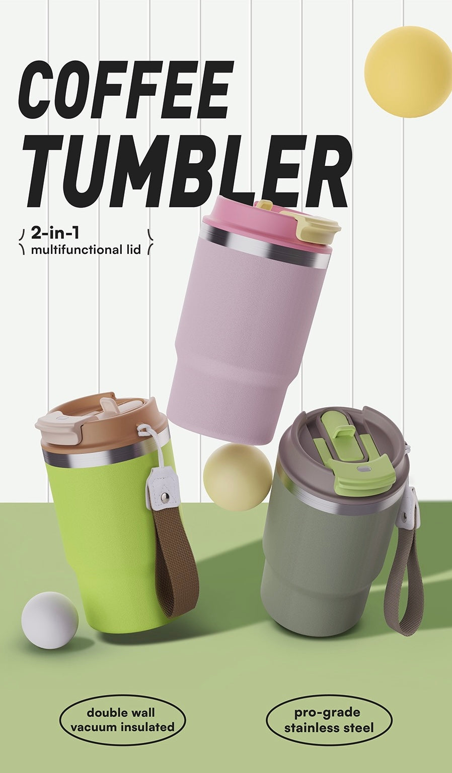 2-in-1 Lid 16oz Coffee Mug Double Wall Stainless Steel Vacuum Travel Mug with Strap_miki
