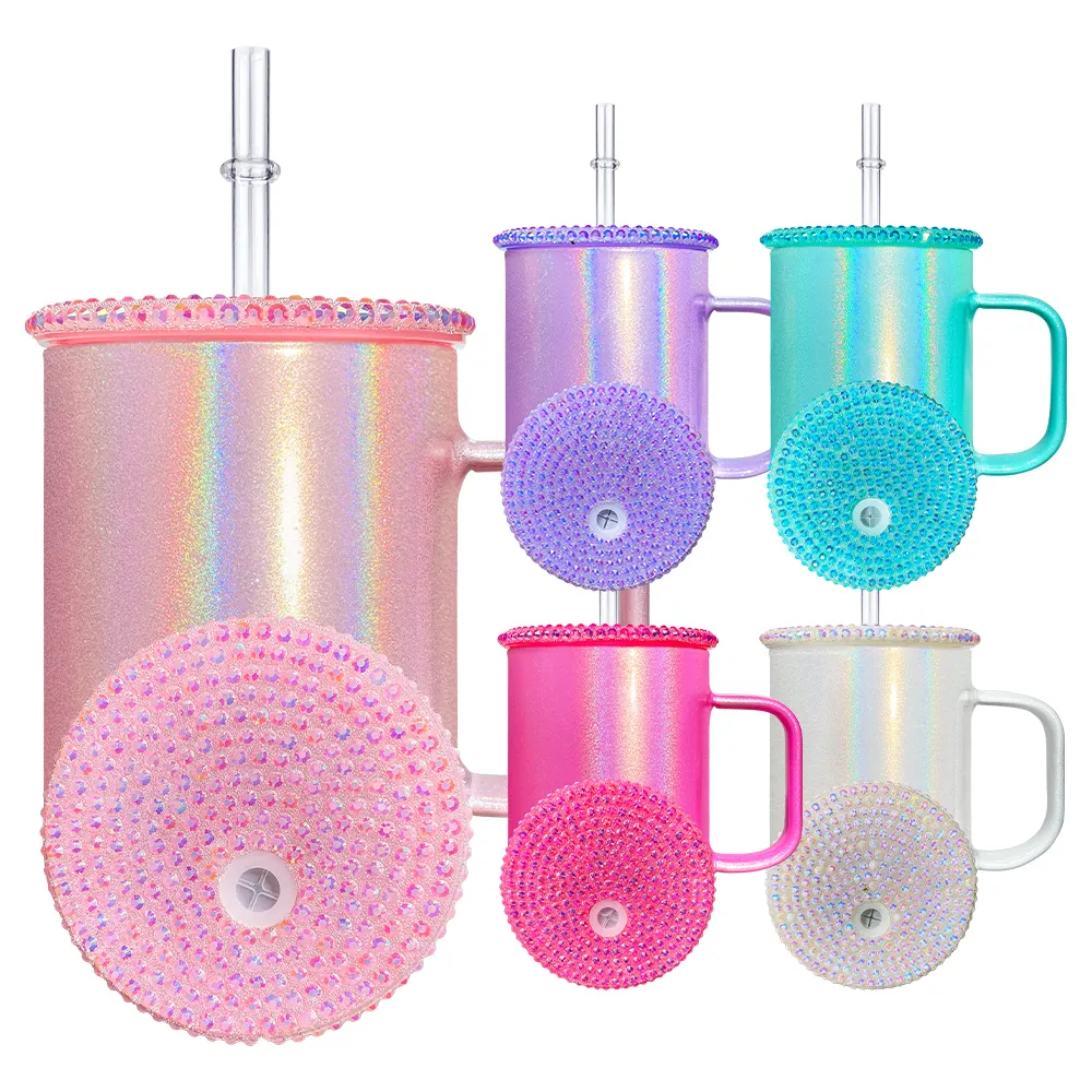 Sublimation 17oz Shimmer Glass Mug With Straw And Colored Plastic Lids _miki