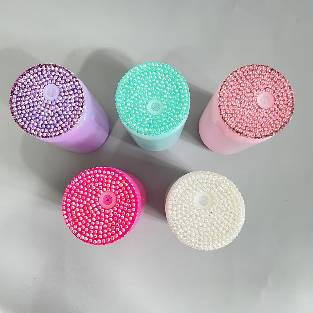 customized bling rhinestone colored plastic lids with straw hole for glass cans and plastic cans_miki