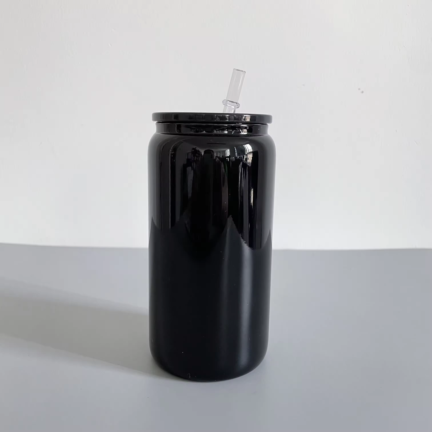 16oz solid black glass can with pp lid and straw for uv DTF_miki