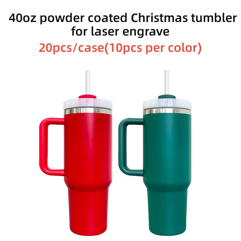 USA Presale_ Red Green Powder Coated Christmas H2.0 40oz Tumblers With Handle,Lid And Straw For Laser Engraving_miki