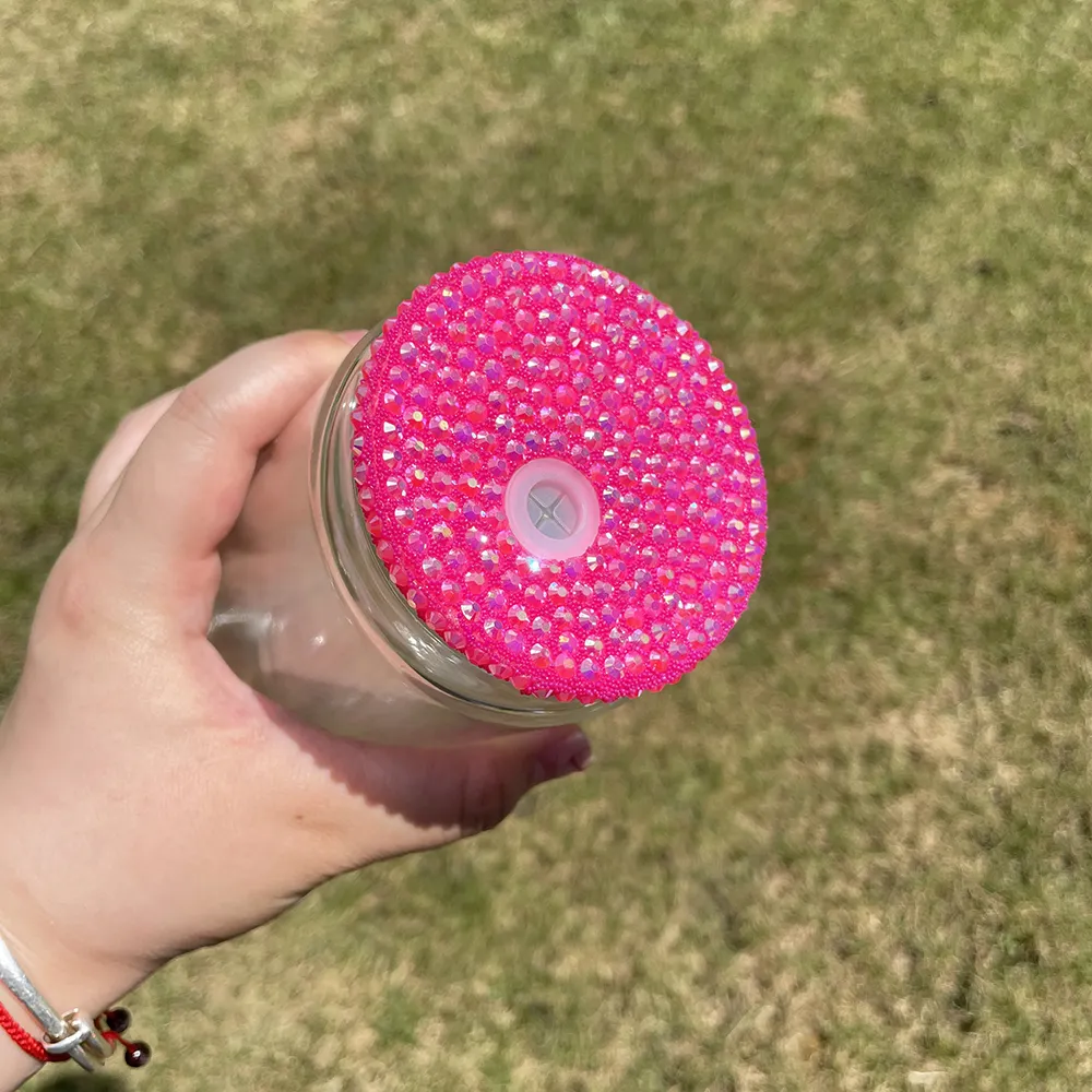 customized bling rhinestone colored plastic lids with straw hole for glass cans and plastic cans_miki