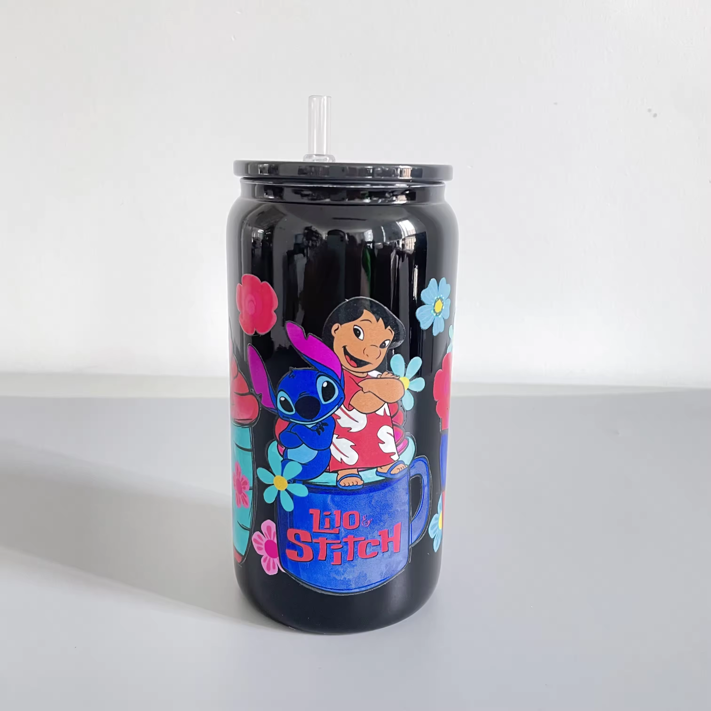 16oz solid black glass can with pp lid and straw for uv DTF_miki
