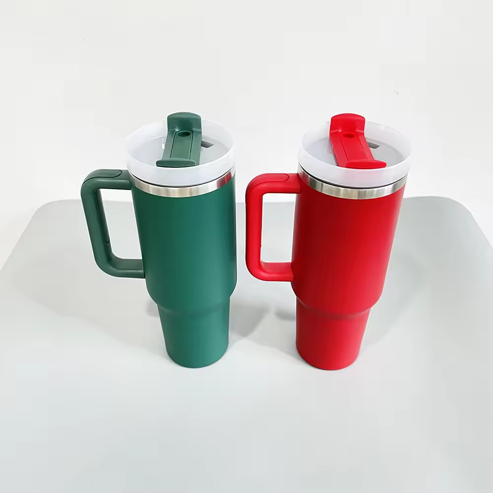 USA Presale_ Red Green Powder Coated Christmas H2.0 40oz Tumblers With Handle,Lid And Straw For Laser Engraving_miki