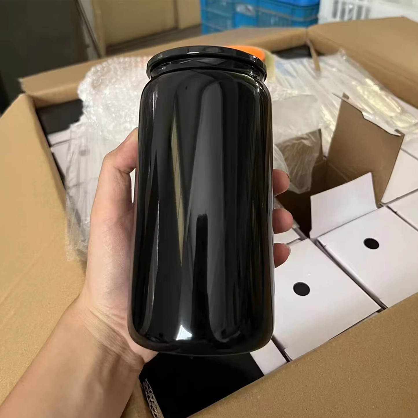 16oz solid black glass can with pp lid and straw for uv DTF_miki