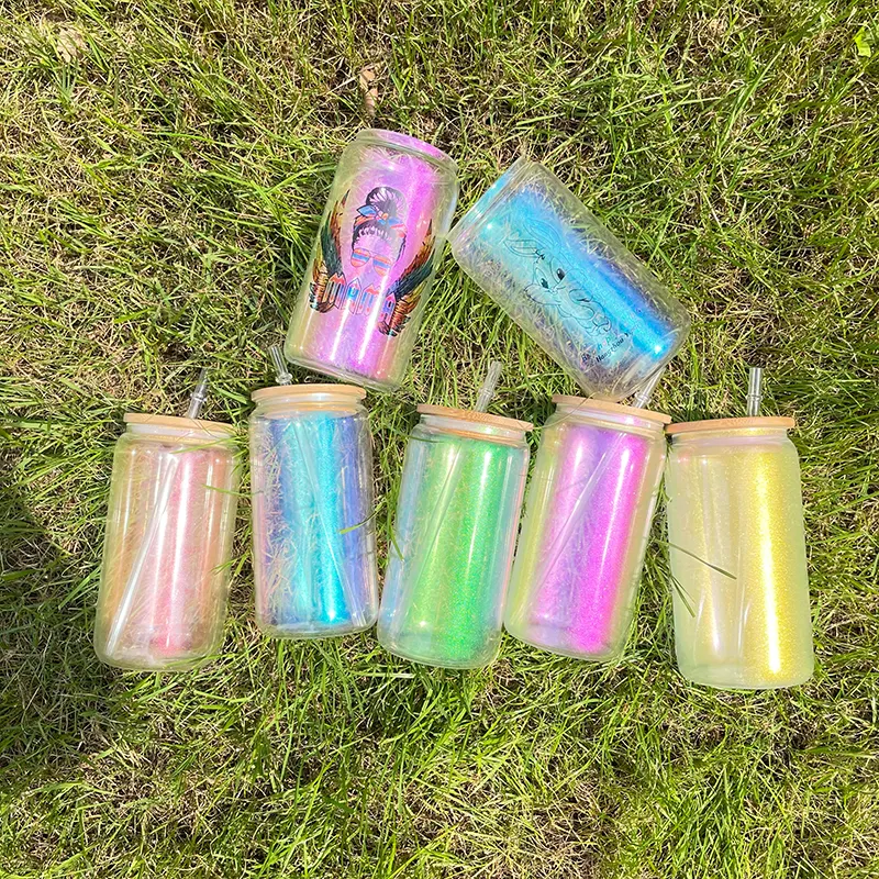 USA RTS_ 20oz sublimation iridescent glass can with bamboo lid and plastic straw _miki