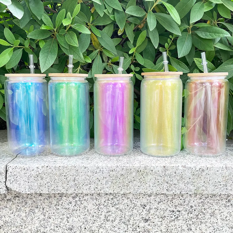 USA RTS_ 20oz sublimation iridescent glass can with bamboo lid and plastic straw _miki