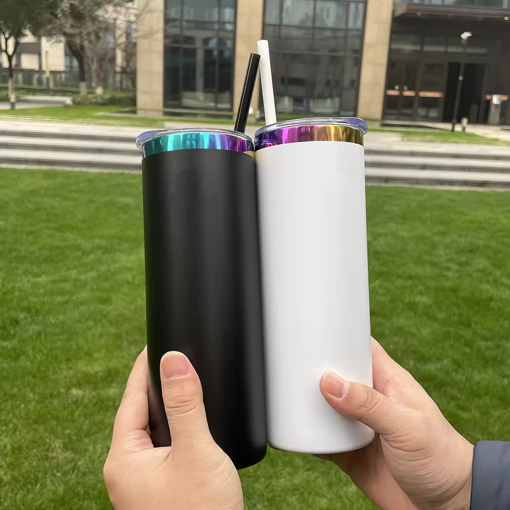USA RTS_ powder coated 20oz rainbow plated skinny straight tumblers with leak proof lid and colorful straws_miki