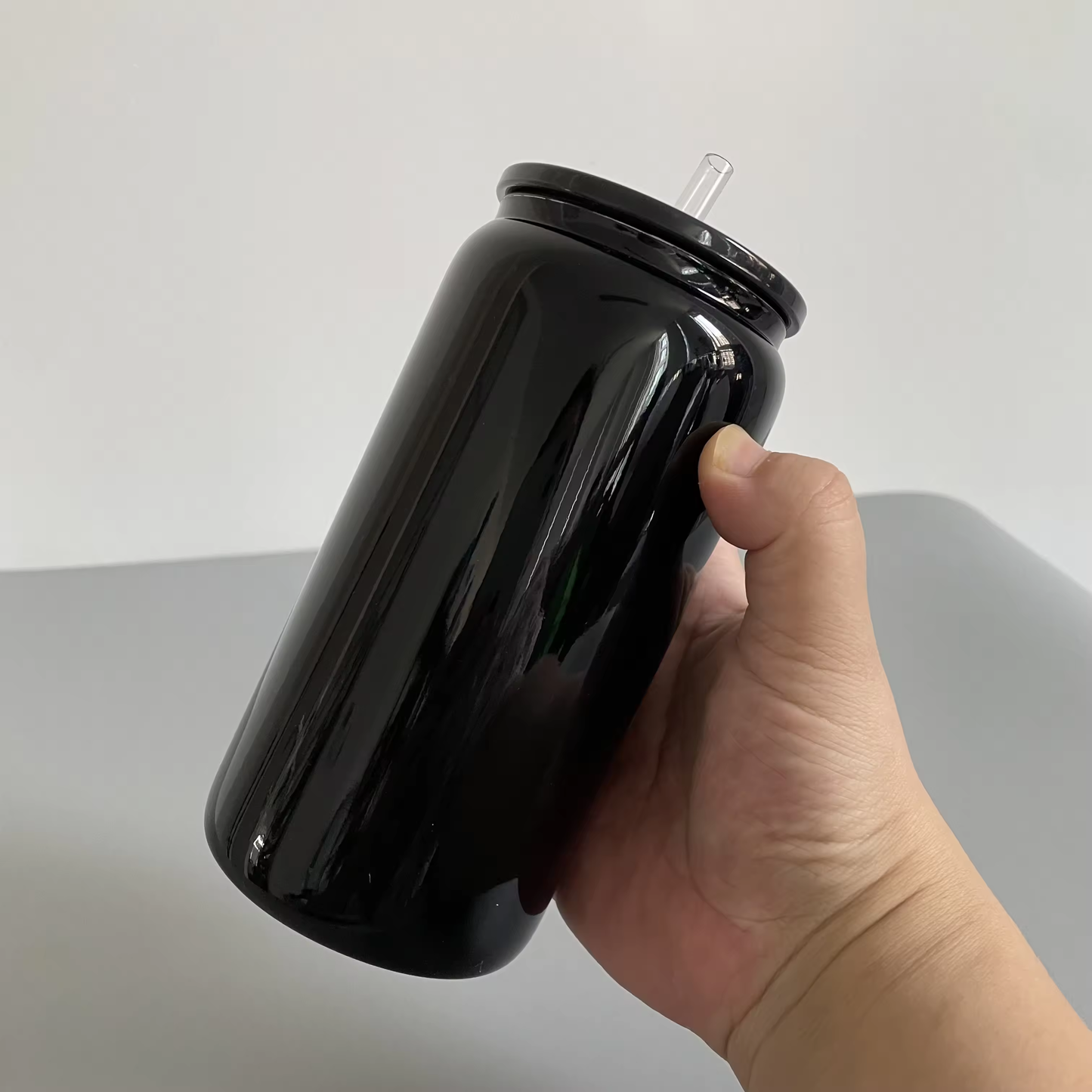 16oz solid black glass can with pp lid and straw for uv DTF_miki