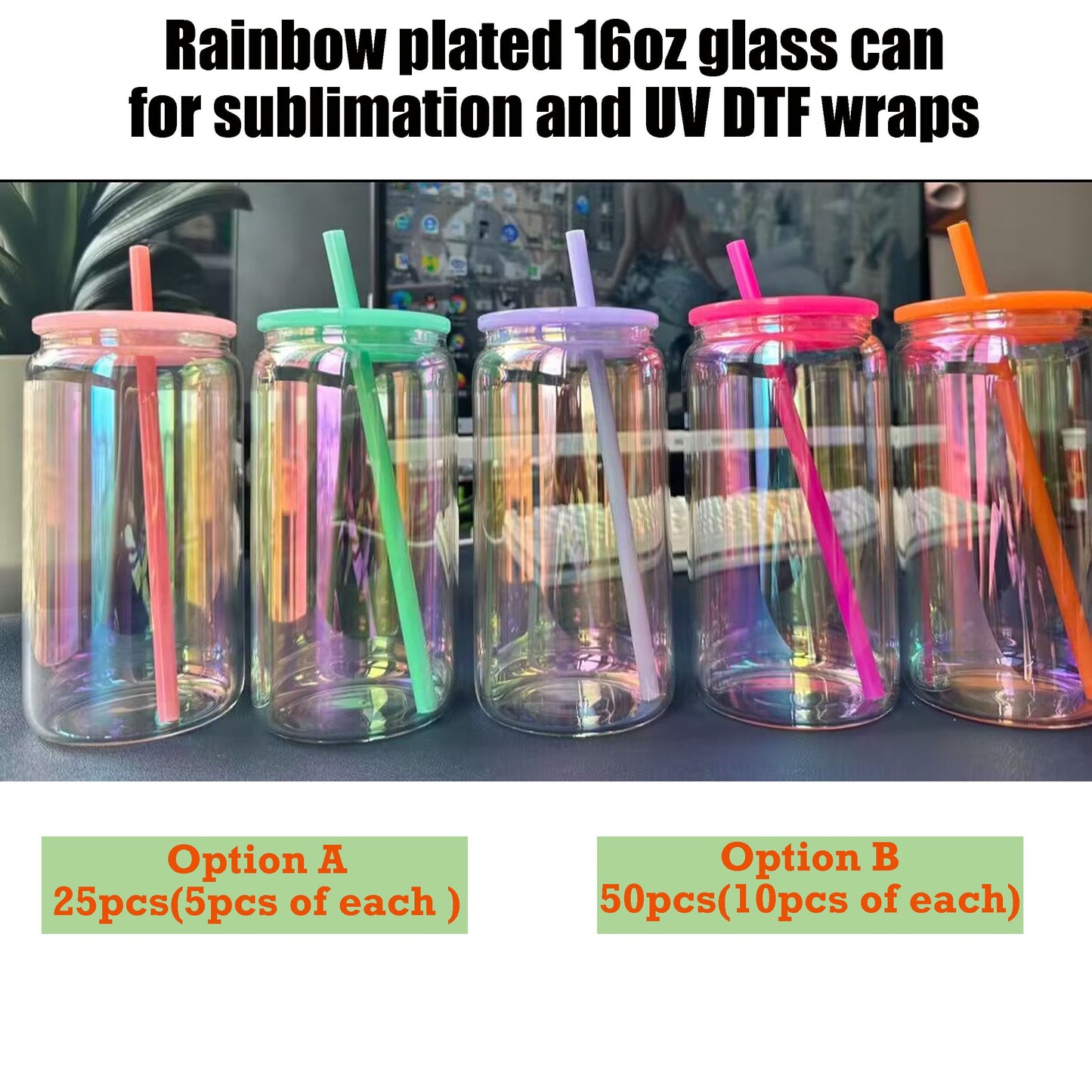 rainbow plated 16oz glass can with colored pp lid and straw for sublimation and UV DTF wraps_miki