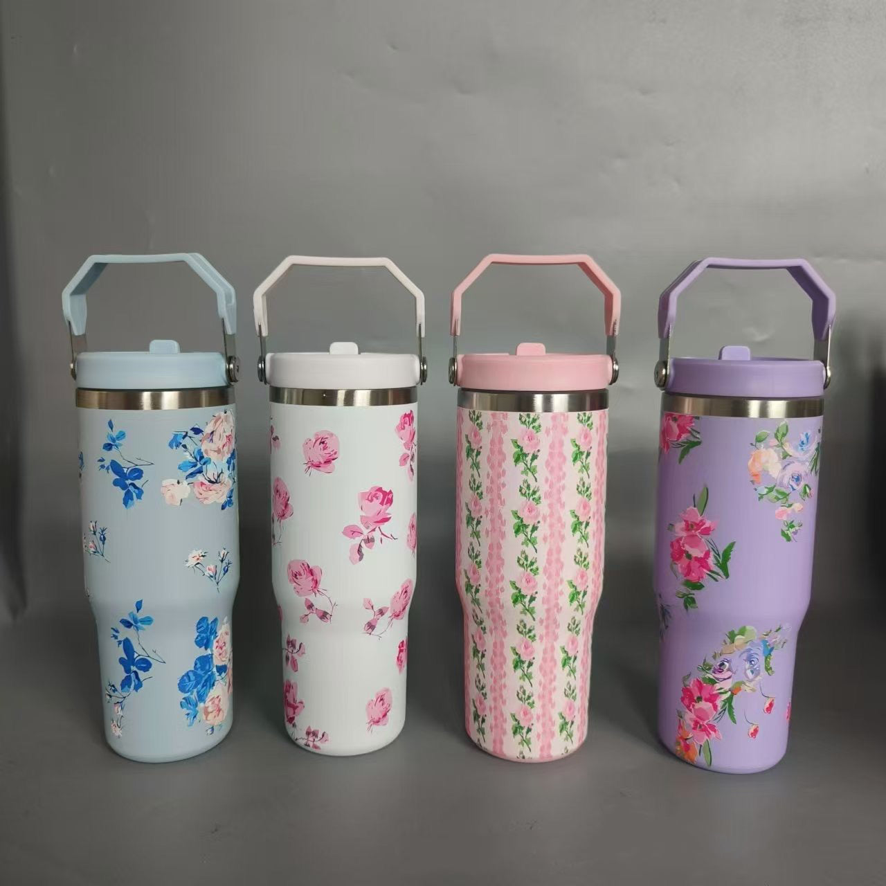30oz Sliver Plate Love Shack Fancy Flower Flip Straw Water Bottles_ miki