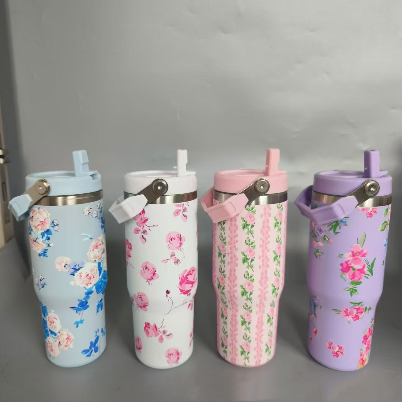 30oz Sliver Plate Love Shack Fancy Flower Flip Straw Water Bottles_ miki