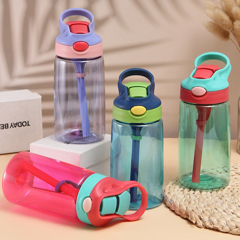 Leak Proof 16oz Durable Plastic Kids Water Bottle with Straw and Pop-Up Spout Cover For School or Travel_ miki