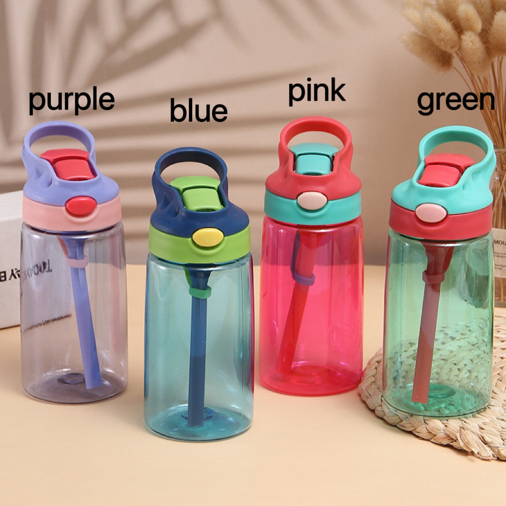 Leak Proof 16oz Durable Plastic Kids Water Bottle with Straw and Pop-Up Spout Cover For School or Travel_ miki
