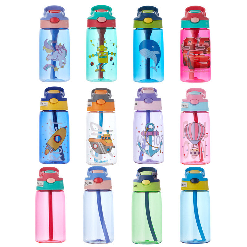 Leak Proof 16oz Durable Plastic Kids Water Bottle with Straw and Pop-Up Spout Cover For School or Travel_ miki