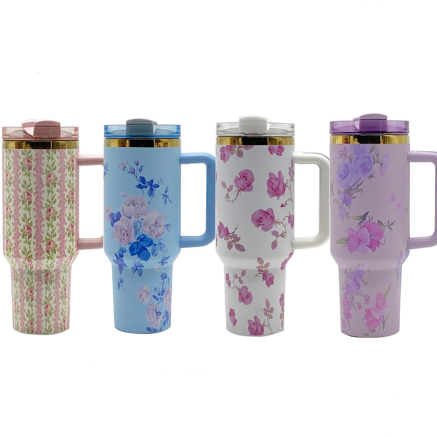 40oz Gold Plated Love Shack Fancy H2.0 Flower Quencher Tumblers with Removable Handle and Straw_ miki