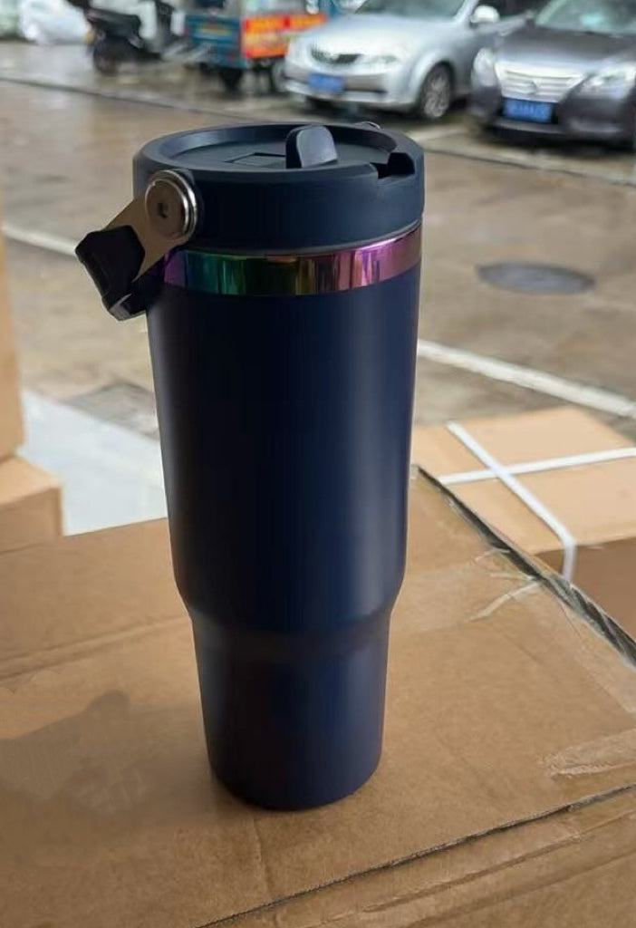 Navy Blue Powder Coated Rainbow Underneath 30oz Flip Straw Water Bottle For Laser Engraved_miki