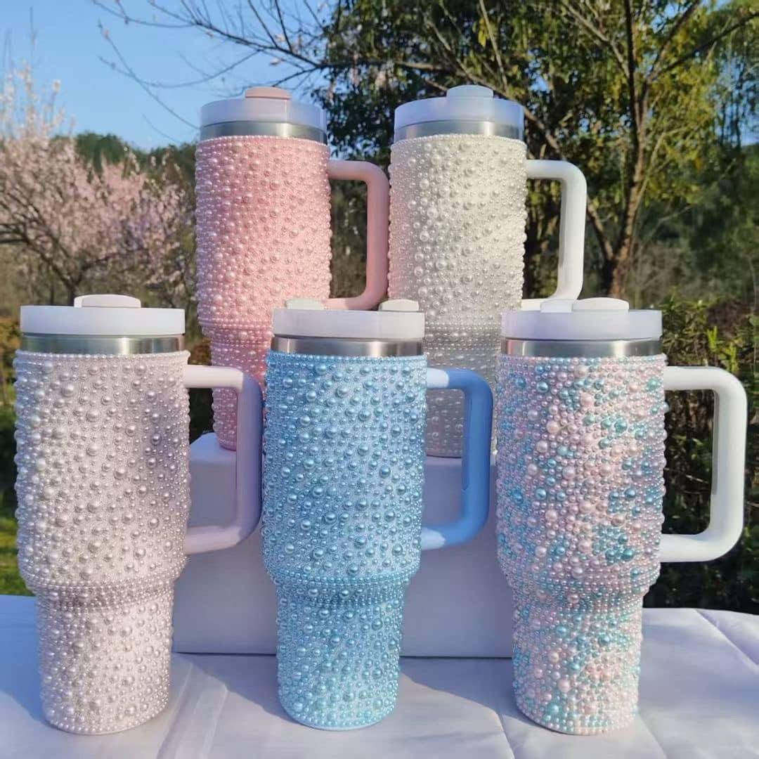 Rhinestone Pearl 40oz Quencher Tumbler With Handle,Lid And Straw_miki
