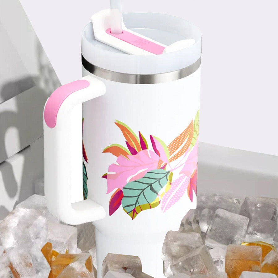 Powder Coated 5D Flower Printed 40oz Stainless Steel Quencher Tumblers with Lid and Removable Handle_ miki