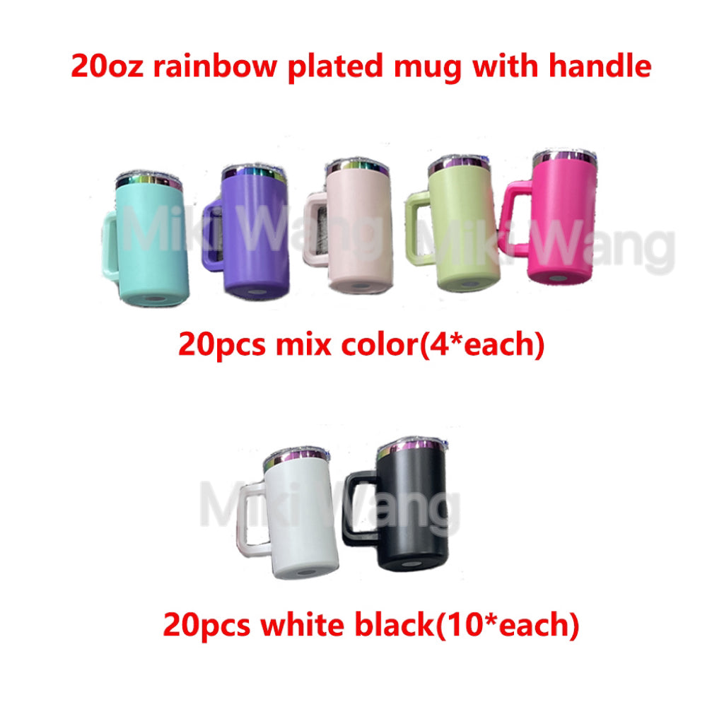 20oz Sublimation/Rainbow/Copper Plated Stainless Steel Coffee Mugs with Removable Handle and Slide Lid for Laser Engraving_ miki