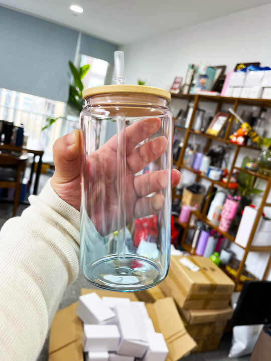 16oz Crystal ocean glass can with lid and straw for sublimation and DFT wraps _miki