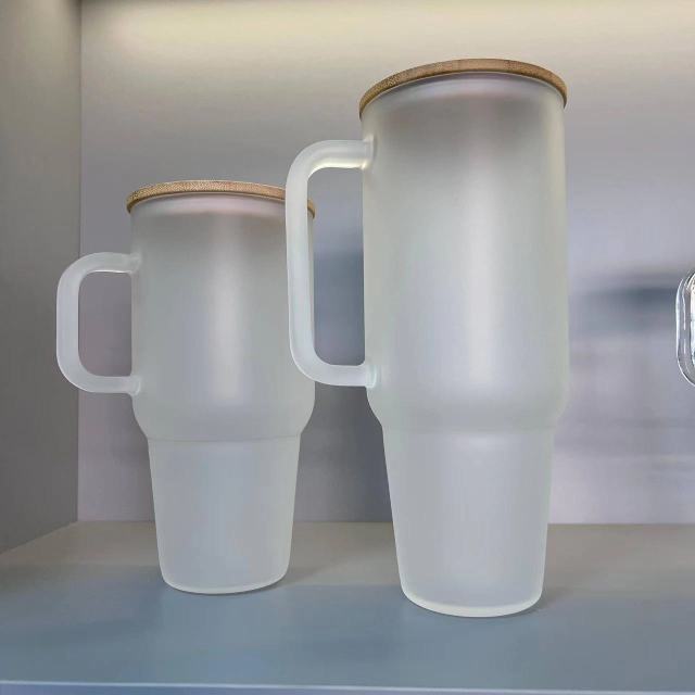 USA RTS_ 32oz 40oz Clear Frosted Glass Mug With Handle,bamboo lid and plastic straw_miki