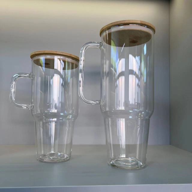USA RTS_ 32oz 40oz Clear Frosted Glass Mug With Handle,bamboo lid and plastic straw_miki