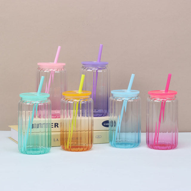Sublimation 16oz Strip Jelly Glass Can With Colored Plastic Lid and straw _miki