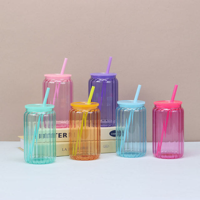 Sublimation 16oz Strip Jelly Glass Can With Colored Plastic Lid and straw _miki