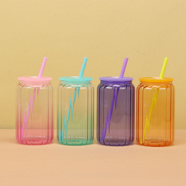 Sublimation 16oz Strip Jelly Glass Can With Colored Plastic Lid and straw _miki