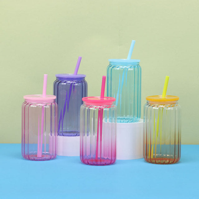 Sublimation 16oz Strip Jelly Glass Can With Colored Plastic Lid and straw _miki