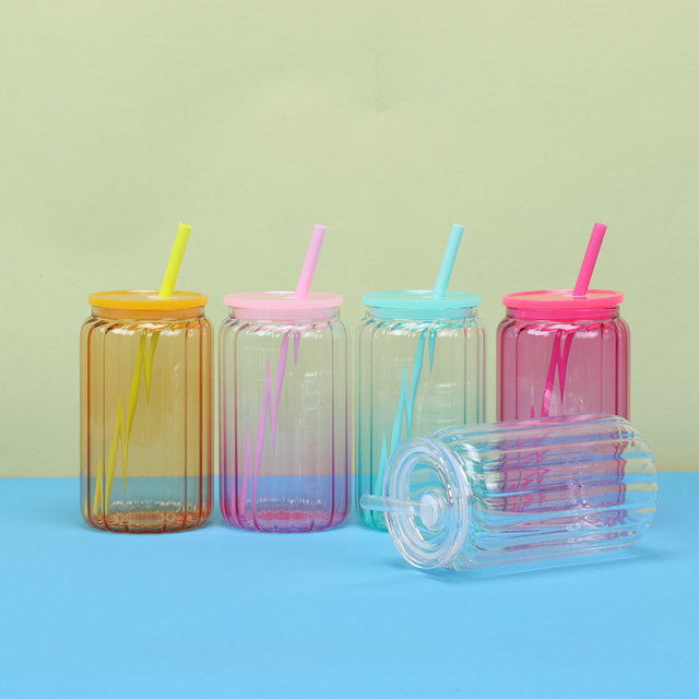 Sublimation 16oz Strip Jelly Glass Can With Colored Plastic Lid and straw _miki